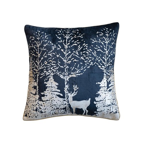 Creative Co-Op Square Cotton Velvet Printed Foil Pillow with Winter Scene and Piping, Color, Navy Blue White