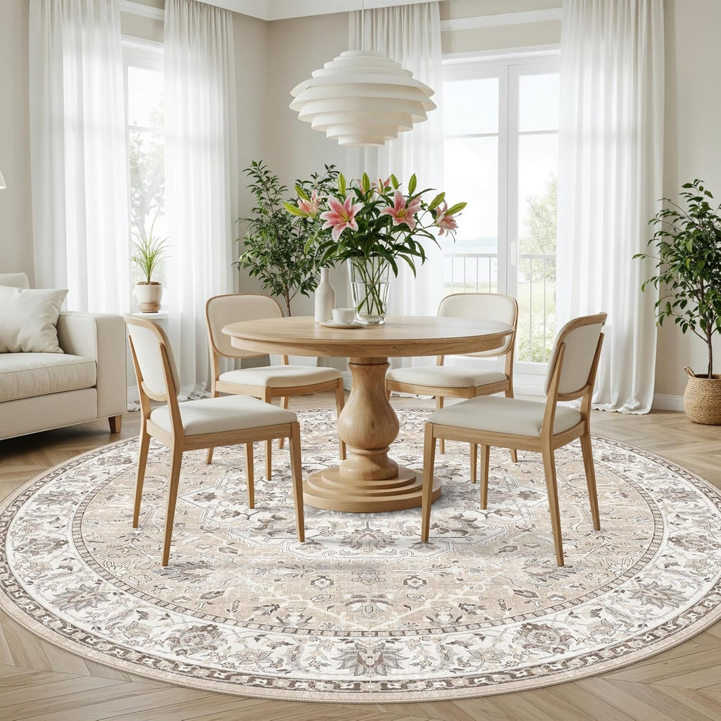 Skiennix 7x7 Living Room Area Rug - Washable Soft Round Oriental Print | Non-Slip, Stain Resistant Beige Mat