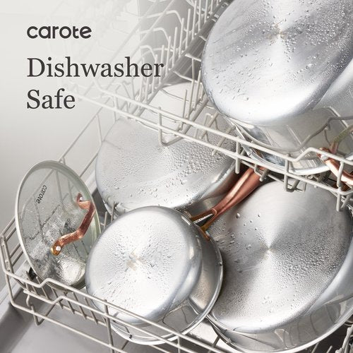 CAROTE 10" Tri-Ply Stainless Steel Deep Frying Pan with Lid, Non-Toxic Saute Pan, Oven Safe, Induction, Ceramic and Gas Cooktops Compatible, Silver