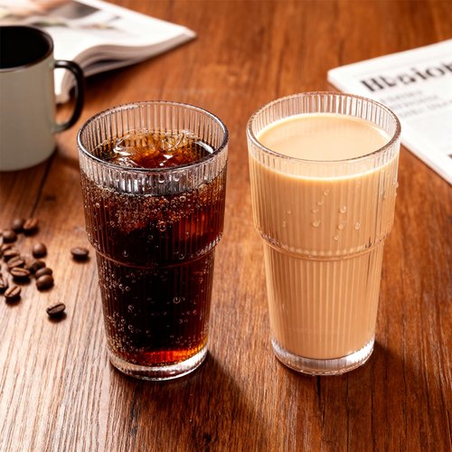 YupURStyle Premium Thick Glass Cups Set of 4 with Lids & Straws, 20oz Leak-Proof Vintage Tumblers for Bubble Tea Iced Coffee, BPA-Free Ribbed Drinking Glassware (20oz Ribbed 4Packs)