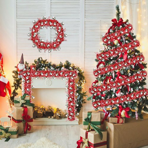 50 Ft Christmas Tinsel Garland Christmas Decorations with Snowman Candy Cane Red Metallic Christmas Garlands for Tree Decor Indoor Outdoor Christmas Party Decorations Home Mantle Fireplace