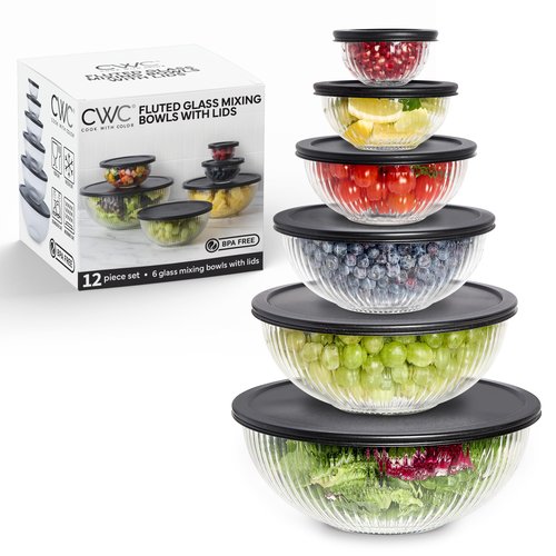 COOK WITH COLOR 12 Pc Glass Mixing Bowl Set with Lids – Borosilicate Glass Nesting Bowls for Cooking, Baking and Meal Prep, Fluted Black