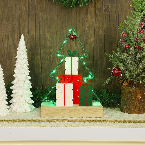 Lulu Home Christmas Tabletop Decoration, Wooden Pre-lit Christmas Tree Ornament with Green Metal Frame, Battery Operated LED Light Up Holiday Sign for Indoor Mantel Shelf Decor