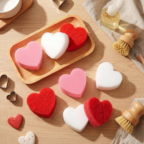 Tioncy 12 Pack Pink Heart Kitchen Sponges Bulk Dual Sided Valentine Scrubber Sponges Dishwashing Cleaning Accessories for Valentine Kitchen Supplies