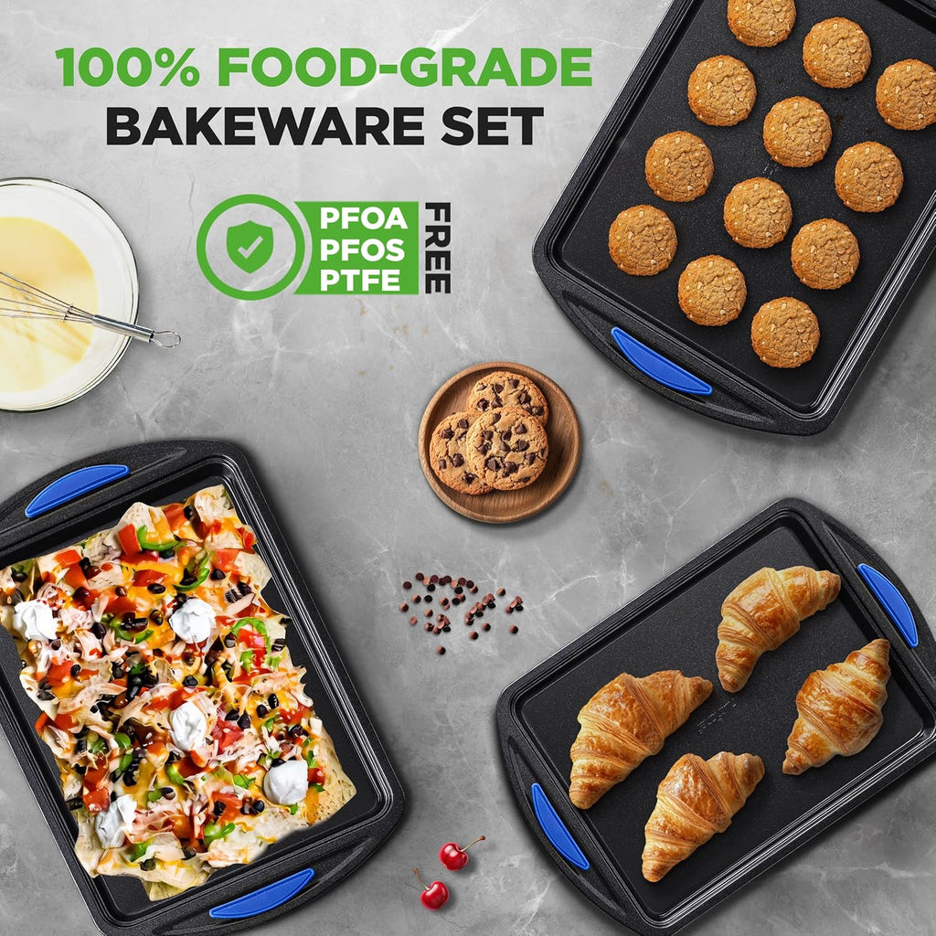 NutriChef Nonstick Cookie Sheets - 3-Piece Carbon Steel Bakeware Set with Silicone Handles | Durable & Oven Safe