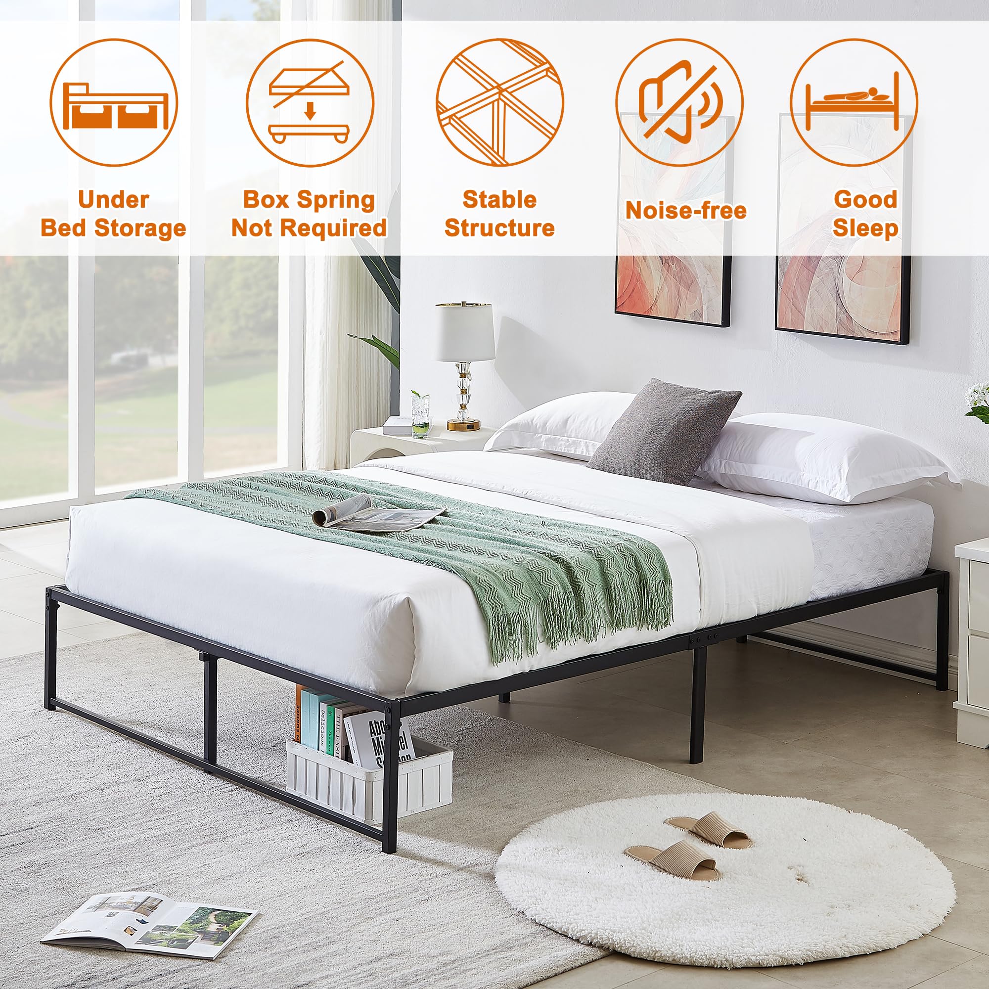 VECELO 14" Queen Bed Frame/Metal Platform Mattress Foundation/No Box Spring Needed