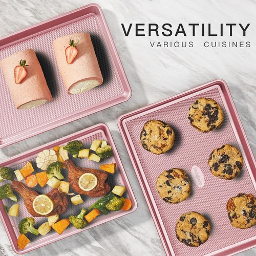 HONGBAKE Baking Sheet Pan Set - Nonstick Cookie Sheets with Diamond Texture | Heavy Duty, Pink