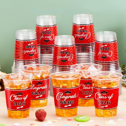 JOYIN 100 Pcs 16oz Graduation Party Plastic Cups (Red), Grad Disposable Cups for Class of 2026 Graduates, PET Cup Tableware Bulk for 2026 High School College Graduation Grad School Party Supply Decor