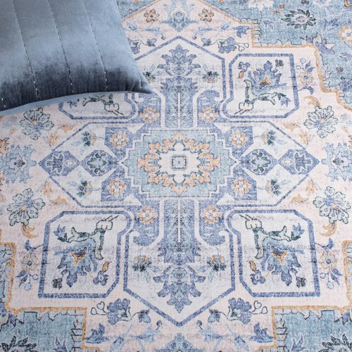SAFAVIEH Washable Rug Tucson Collection - 4' Square, Light Blue & Blue, Slip Resistant & Easy to Clean, Ideal for Foyer, Kitchen, Nursery, Office, Bedroom (TSN118L)