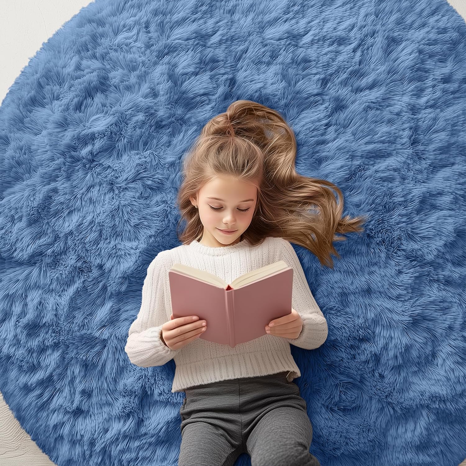 OLANLY Blue Round Area Rug - Soft, Fluffy, Machine Washable 5 ft Circle Carpet for Bedroom & Living Room