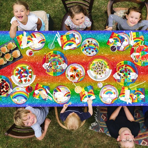 Rainbow Birthday Party Supplies Rainbow Theme Party Decorations for Boy, Include Tablecloth Banner Plate Napkin Cups