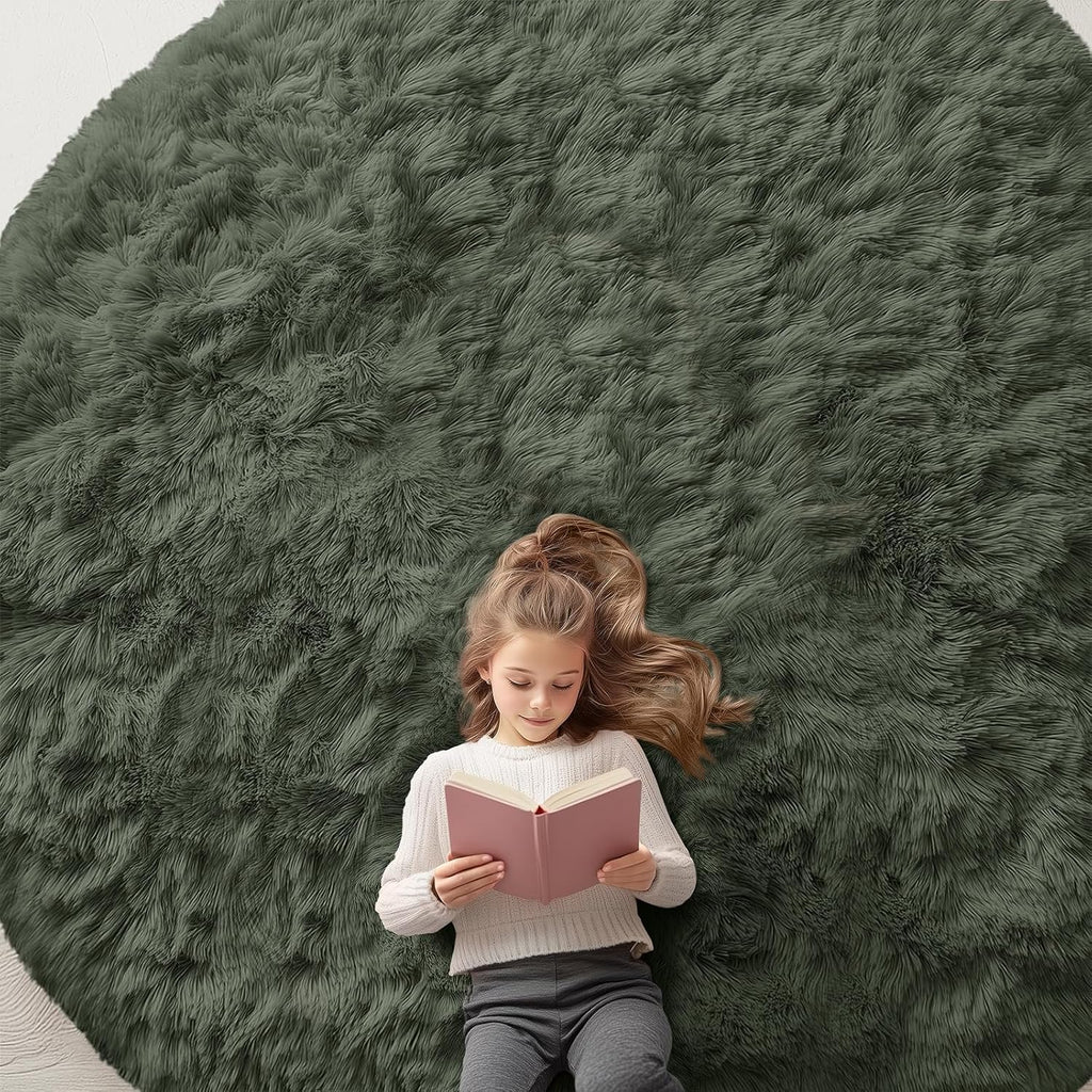 OLANLY Olive Green Round Rug - Soft, Fluffy Shaggy Carpet for Bedroom | 9 ft Circle Area Rug
