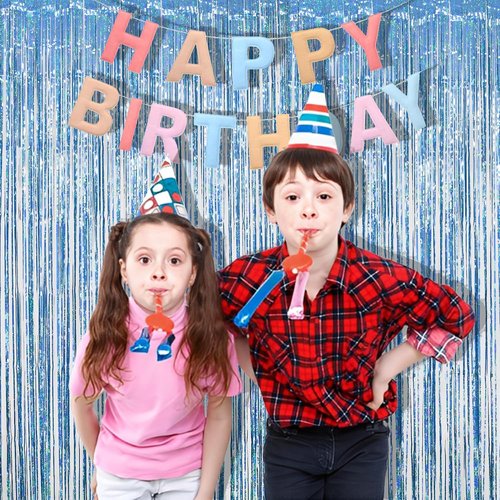 Blue Tinsel Curtain Streamers - Foil Fringe Party Backdrop for Engagement & Birthdays | 2 Pack 3.3x8.3ft