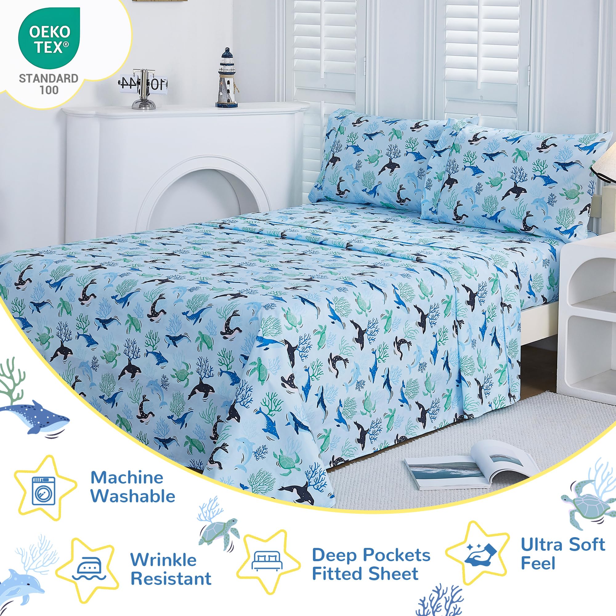 Viviland 3 Pieces Boys Blue Ocean Twin Sheet Set - Soft Microfiber Fitted Flat Sheets & Pillowcase - Blue Ocean Whales, Sea Turtles, Marine Organisms Bedding Sets - for Kids & Toddlers