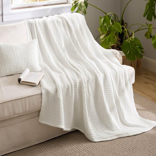 Bedsure 5 Pieces Cotton Comforter Set with Waffle Throw Blanket - Soft Breathable Bedding Set for All Seasons, Beige Queen Comforter, Pillow Shams, White 100% Cotton Blanket, Throw Pillow