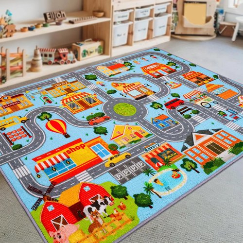 Car Rug for Kids, Car Play Mat Carpet, Extra Non-Slip Traffic Road Rug for Kids, City Map Educational Mat for Playroom Boys Bedroom Classroom (78.7X59 INCH, Blue Sky)