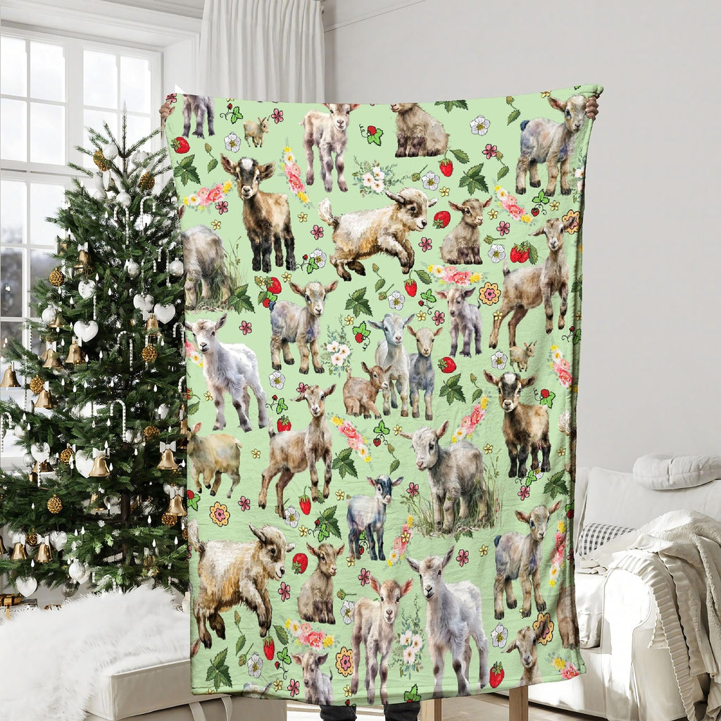 Floral Goats Blanket Gifts for Boys Girls, Farm Animals Throw Blanket Gifts for Adults Decor Cute Goats Plush Soft Lightweight Flannel Fleece Flower Green Blankets for Sofa Bed Couch 80x60In