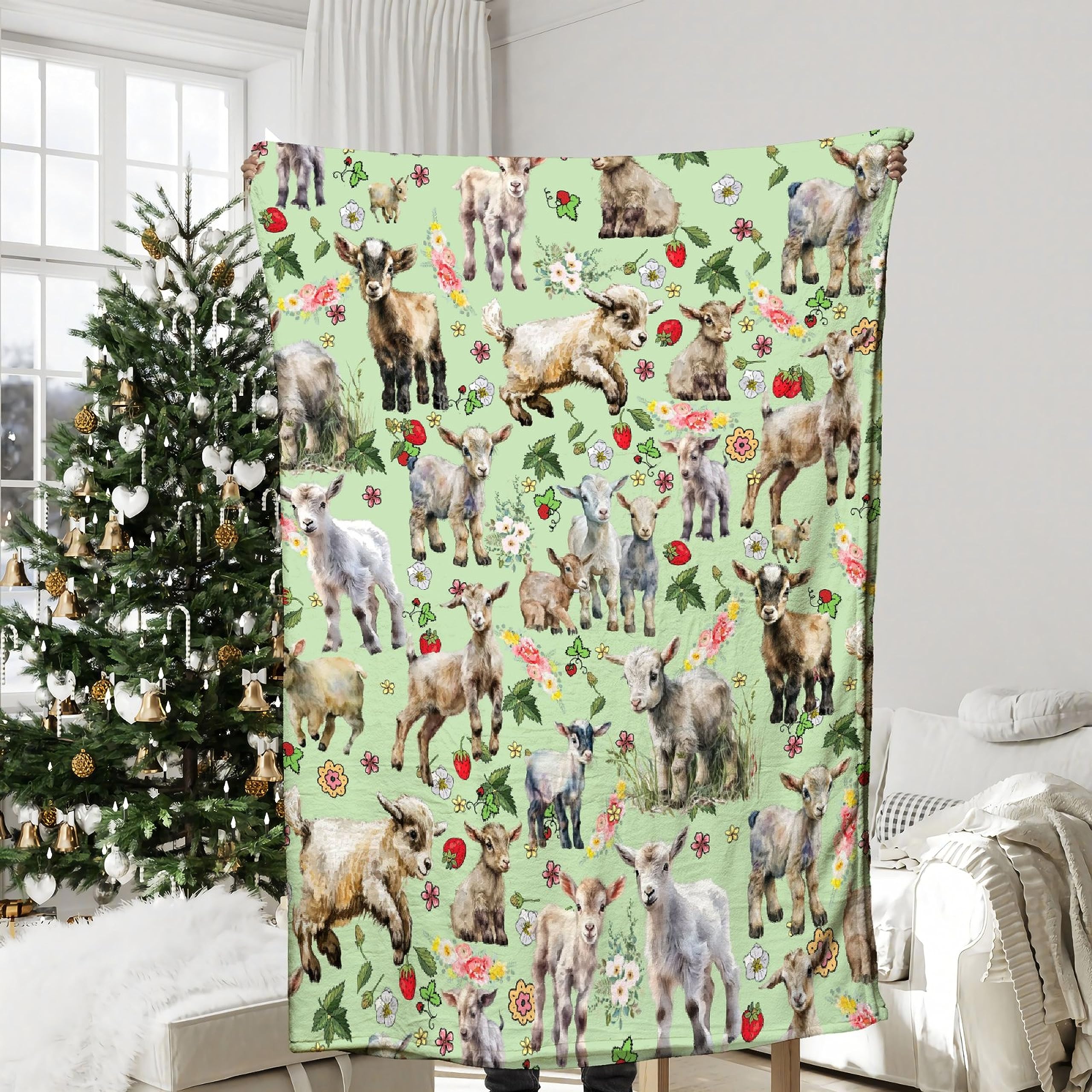 Floral Goats Blanket Gifts for Boys Girls, Farm Animals Throw Blanket Gifts for Adults Decor Cute Goats Plush Soft Lightweight Flannel Fleece Flower Green Blankets for Sofa Bed Couch 80x60In