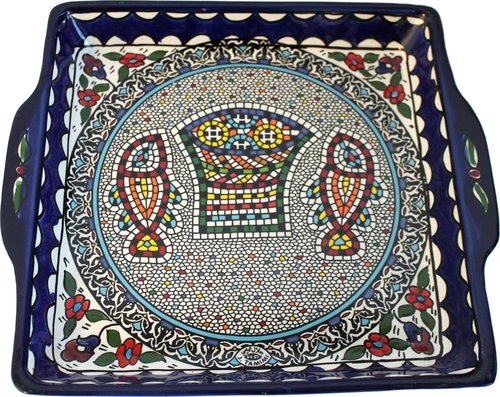 Holy Land Market Armenian Ceramic Loaves & Fish Miracle Square Bread Plate, 9.5 in, Hand Painted Holy Land Pottery