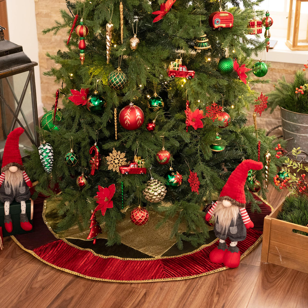 Valery Madelyn Christmas Tree Skirt for Tree Decorations, 48 Inch Traditional Red Green Gold Large Xmas Velvet Tree Skirt with Embroidery Patchwork & Tassels for Tree Merry Christmas Party Decor