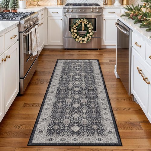 Hallway Washable Runner Rug - Vintage Soft Non-Slip Indoor Carpet for Kitchen & Entryway (2x6, Black)