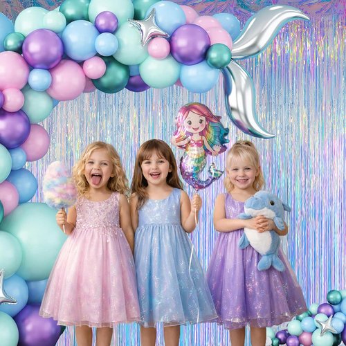 Melsan Iridescent Party Decorations - Holographic Tinsel Foil Fringe Curtain | 2 Packs, 3.2 x 6.56 ft for Mermaid Birthday Parties