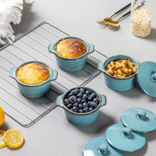 Creme Brulee Ramekins Set of 4 - 8 oz Oven Safe Bowls with Lids for Souffle & Pot Pie Baking | Reactive Blue