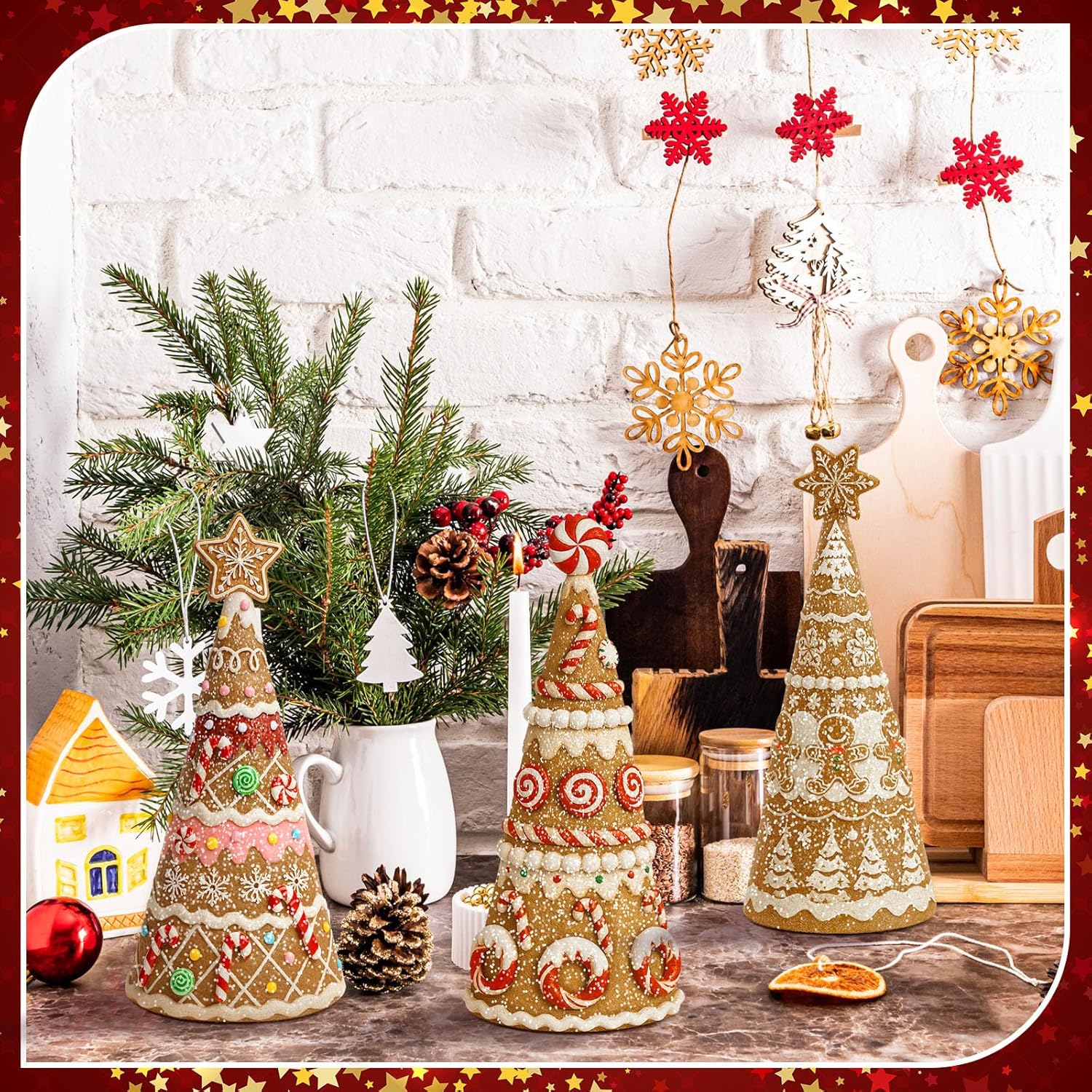 Simgoing Gingerbread Christmas Tree Figurines - 3 Pack Resin Tabletop Decorations for Holiday Centerpieces