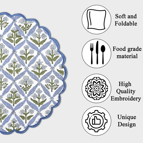Ridhi Light Steel Blue Bo-ho Round Place Mat Easter Floral Cotton Washable Placemats 15" Round Embroidery Block Print Table Mat Pack of 8-15 Inch Round