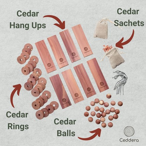 Ceddera Essential Cedar Bundle | Natural Cedar Blocks for Clothes Storage | Eco Friendly Cedarwood for Closets | Moth Ball Alternative | 58 Total Pieces - 8 Hang Ups, 24 Rings, 24 Balls & 2 Sachets
