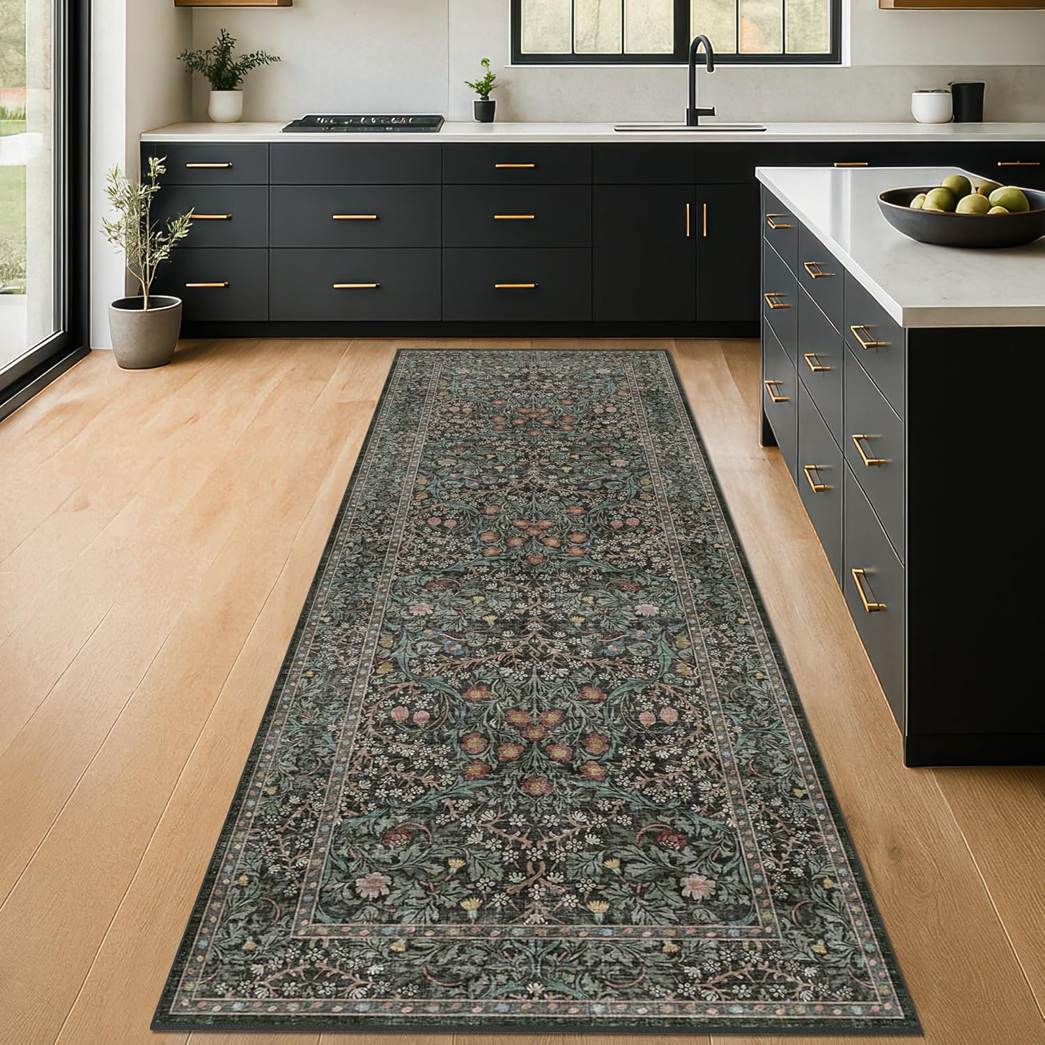Skiennix Non-Slip Kitchen Runner Rug - Washable Boho Vintage Floral Design | Dark Green 2x6 Size
