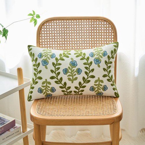 HOMFREEST Floral Embroidered Decorative Throw Pillow Covers 12x20 Inch Spring Blue Flower Green Leaf Pillows Farmhouse Patio Cushion Cases for Sofa Couch Home Bed
