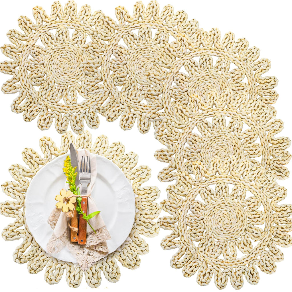 TOPZEA 6 Pack Round Woven Placemats, 11.75 Inch Natural Hand-Braided Boho Placemat Set, Heat Resistant Wicker Charger Plates for Dining Table Decor, Thanksgiving, Wedding, Christmas