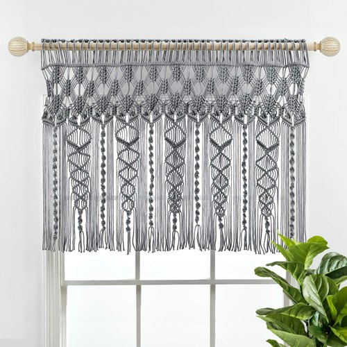 Lush Decor Boho Macrame Textured Cotton Valance, 40" W x 30" L, Gray - Boho Kitchen Curtains & Wall Decor - Macrame Valance - Bathroom Window Curtains