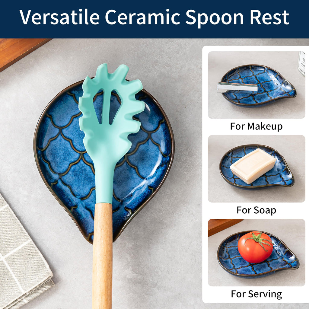 Spoon Rests, Large Ceramic Spoon Holder for Kitchen Counter, Farmhouse Cooking Utensil Holder for Spoons, Ladles, Spatula - Cooking Kitchen Spoon Rest Spatula Rest, 6 inch (Reactive Glaze Blue)