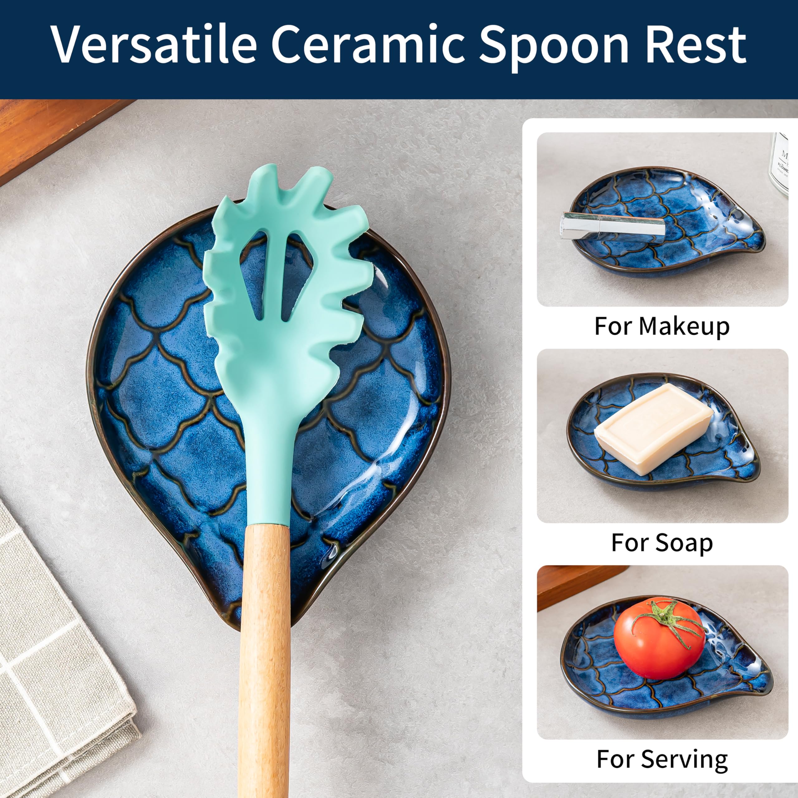 Spoon Rests, Large Ceramic Spoon Holder for Kitchen Counter, Farmhouse Cooking Utensil Holder for Spoons, Ladles, Spatula - Cooking Kitchen Spoon Rest Spatula Rest, 6 inch (Reactive Glaze Blue)