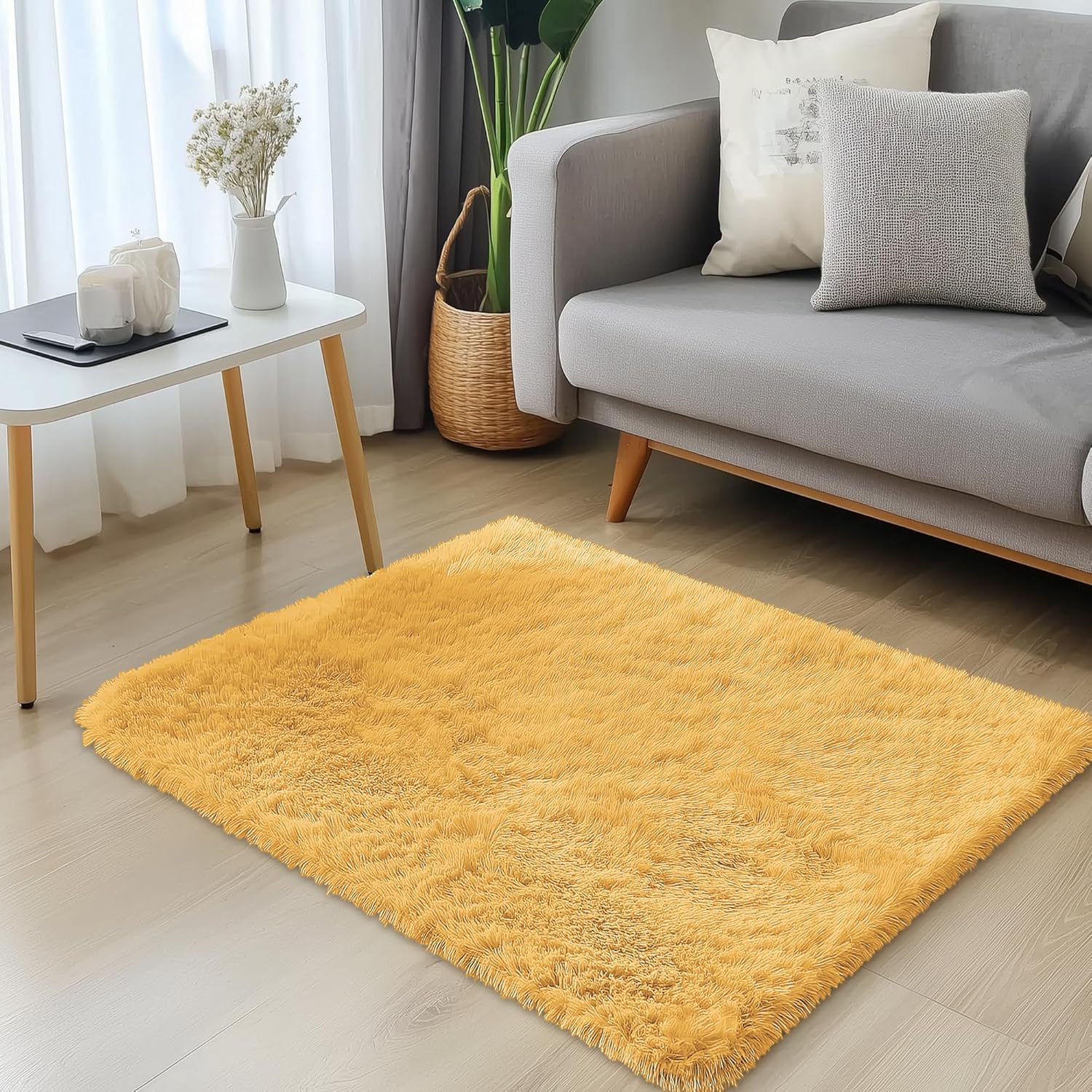 OLANLY Soft Fluffy Shaggy Bedside Rug - Machine Washable 2x3 Entryway Carpet in Mustard Yellow