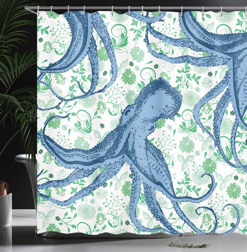 Ambesonne Nautical Shower Curtain, Sealife Sea Monster Octopus Kraken with Tentacles and Colorful Flowers, Cloth Fabric Bathroom Decor Set with Hooks, 69" W x 75" L, Mint Green