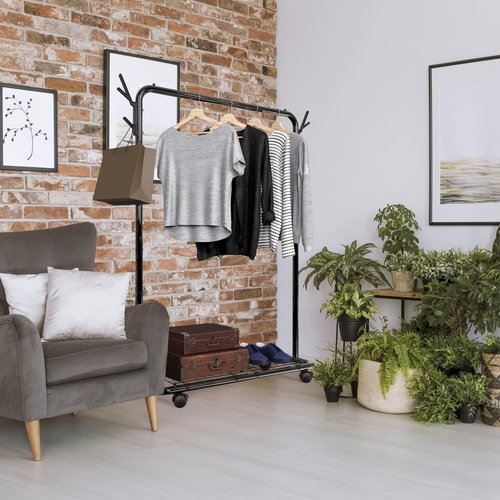 Simple Houseware Industrial Style Garment Rack with Wheels and Hooks, Black
