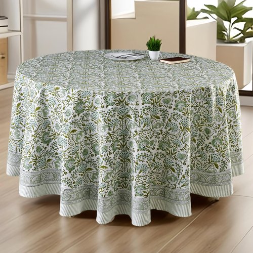 CPC Round Tablecloth- Cotton Indian Block Print Tablecloth -Handmade Printed Washable Cotton Table Cloth - Spring/Summer, Wedding Table Cover - Agate Green 90 Inch