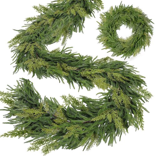 Extra Thick&Lush - 6Ft by 12 Inch Artificial Garland Norfolk Pine Garland, Real Touch Cedar Garland, Realistic Soft 120 Branch Tips Pine&Cedar Faux Greenery Cypress Garlands for Mantle Outdoor Indoor