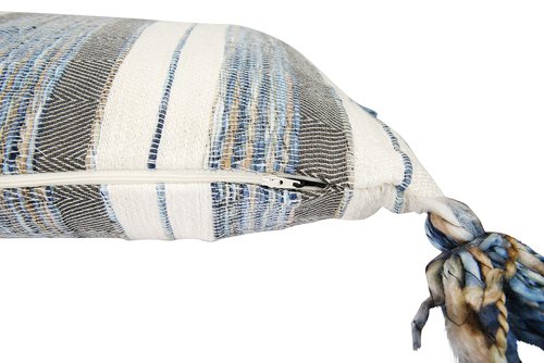 Blue, Grey & Cream Striped Cotton Blend Lumbar Pillow with Tassels