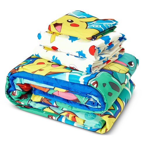 Northwest Twin Bed in a Bag Set – Pokémon First Starters Design – 5-Piece Bedding Set with Comforter, Fitted Sheet, Flat Sheet, Pillowcase, Sham