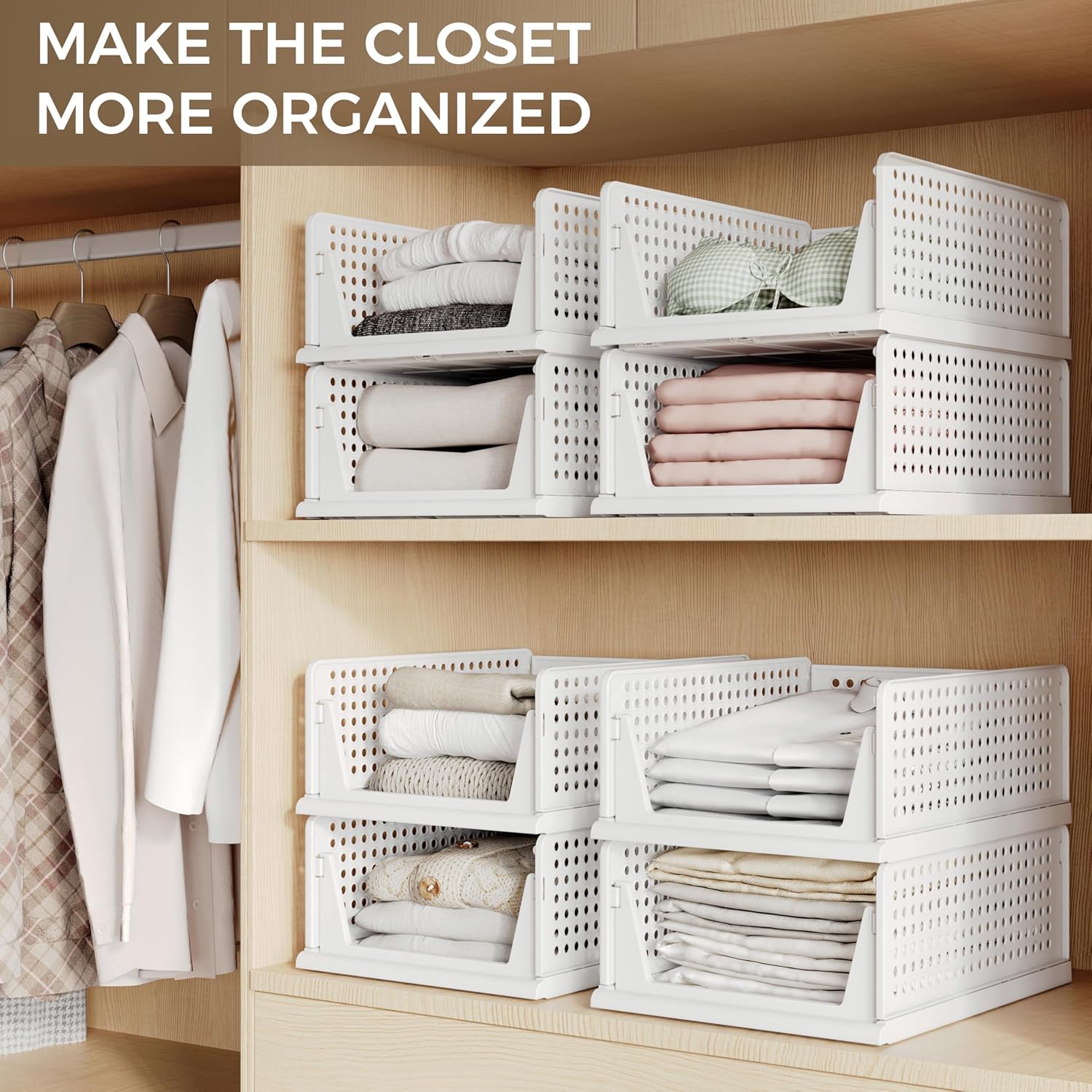 Pinkpum 8-Pack Closet Organizers - Stackable Plastic Storage Bins for Wardrobe & Kitchen | White