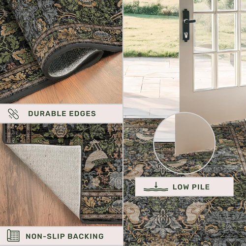 Hazo Haus Washable Dark Vintage Floral Rug - Small 2x3 Indoor Mat with Bird & Botanical Design in Brown Tones