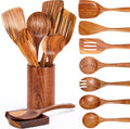 Mooues 9-Piece Natural Teak Wooden Kitchen Utensil Set - Comfort Grip Spoons & Utensils Holder