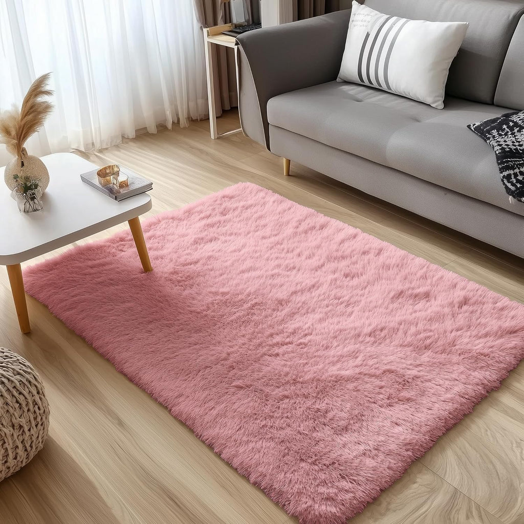 OLANLY Soft Fluffy Shaggy Bedside Rug - Machine Washable 3x5 for Kids & Nursery | Pale Pink Home Decor