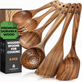 Skiennix Wooden Cooking Spoons Set - 6 Pcs Teak Wood Utensils with Comfortable Grip & Non-Stick Design