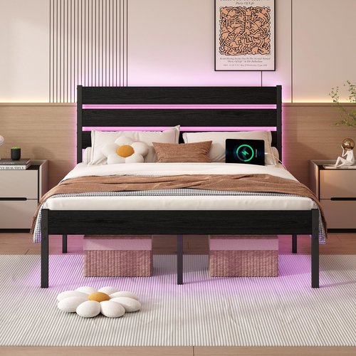 Chuangshuo Guard Full Size Bed Frame with Headboard,Heavy Duty LED Bed Frame with USB Charging Station,Mattress Foundation-Under Bed Storage, No Box Spring Needed, Noise Free，Black
