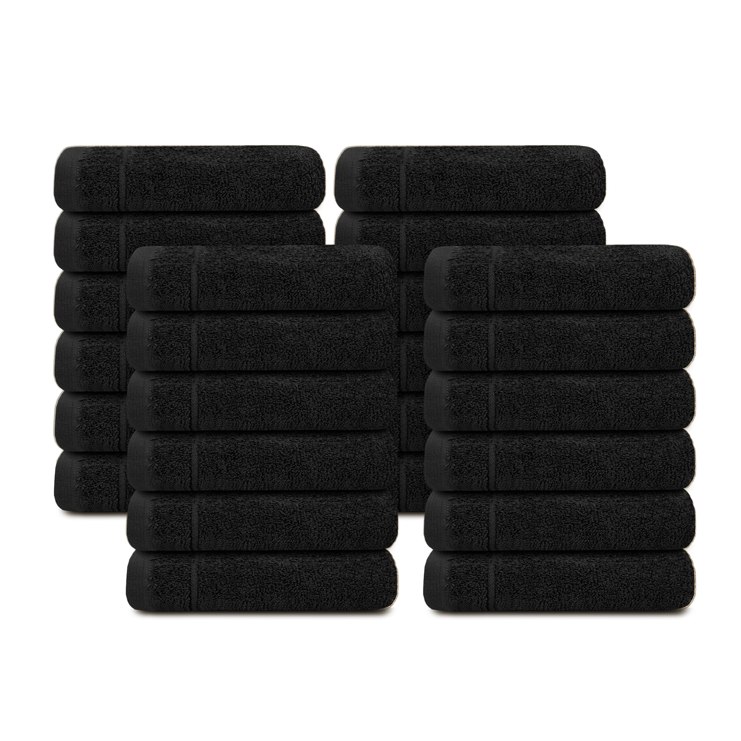 Tens Towels Pack of 24 Washcloths, 12 x 12 Inches, Lighter Weight, Quick to Dry, Super Soft & Absorbent, Gentle Face Towels, Hotel Quality, Perfect for Bathroom, Gym, Spa (Black, 24 Pack)